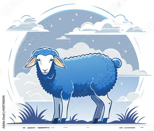 Pastoral Scene with Blue Sheep Grazing beneath a Cloudy, Starry Sky
