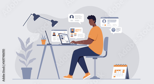 Young professional working on a laptop at a desk, reviewing profiles with plants and calendar nearby