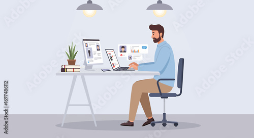Young professional working at a modern desk with computer and plants, engaging in online tasks
