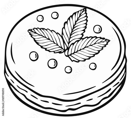 Hand drawn dessert with mint leaves and berries garnish line art for coloring book