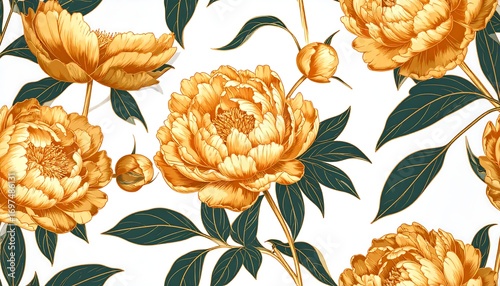 Gold peonies on white background. Detailed floral pattern with rich, golden peonies and dark green leaves