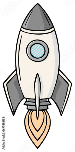 Cartoon rocket ship launching with fire from its engine. Simple hand drawn style vector illustration for space exploration.