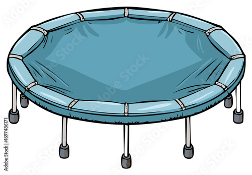 Blue round trampoline with padded frame and metal legs for recreational bouncing fun