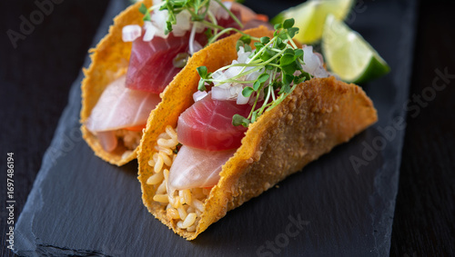 Photo of two delicious tuna and white fish tacos are presented on a dark slate with lime wedges