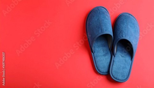 Pair of blue slippers on red background