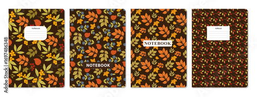 Four autumn-themed notebook covers display vibrant leaf and berry patterns on a dark background. Each cover features a unique design showcasing a variety of warm colors in a vector illustration.