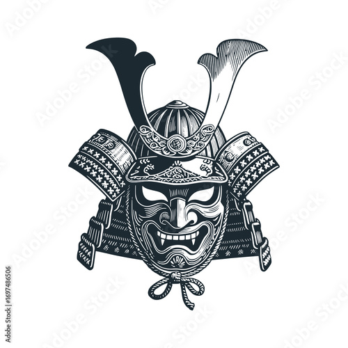 Japanese warrior mask – Black and White Icon Vector and Illustration