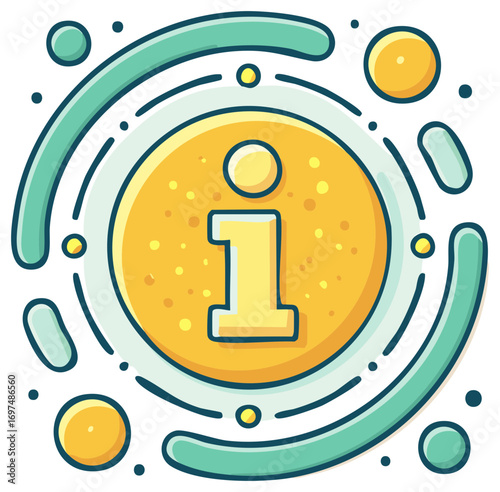 Circular info icon with the letter I and decorative design element
