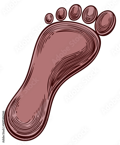 Stylized illustration of a single human footprint with engraved lines for texture