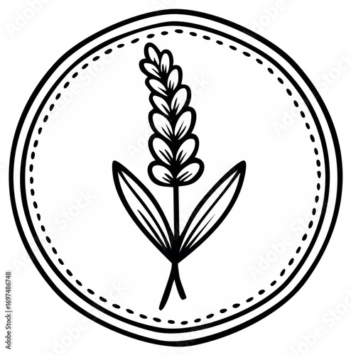 Simple black and white line drawing of a lavender sprig inside a dotted circle emblem