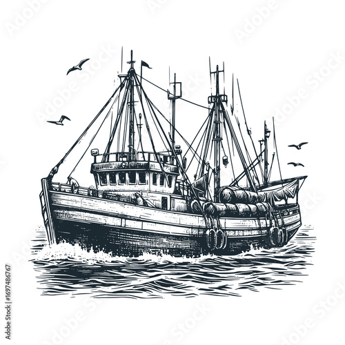Fishing vessel in the middle of the ocean – Black and White Icon Vector and Illustration