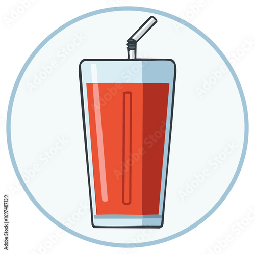 Glass of red beverage with straw in simple illustrative style within a circle.