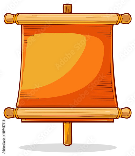 Cartoon orange scroll on wooden pole for announcements and messages with blank space for announcements and text