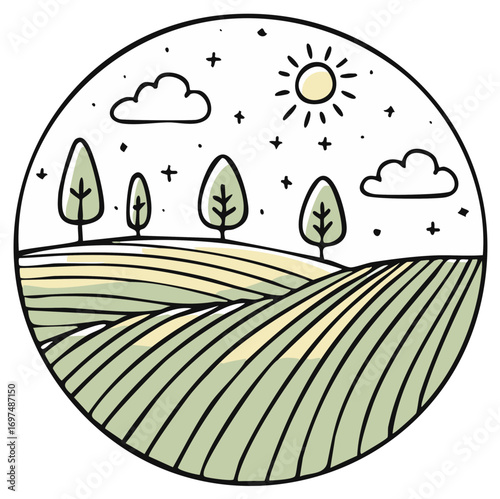 Hand drawn doodle of a rural landscape with rolling farm fields sun and trees in a circle