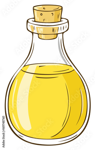 Glass bottle with yellow liquid and cork stopper cartoon illustration