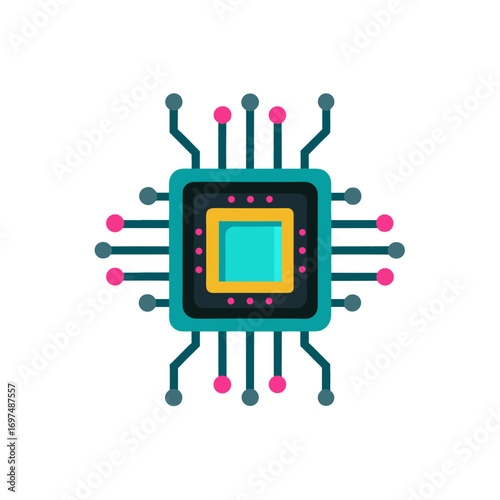 Stylized microchip with circuitry and colorful nodes