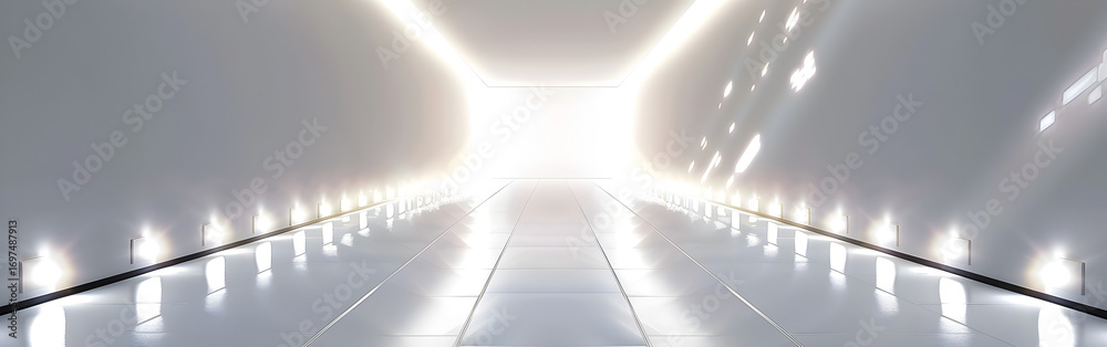 Obraz premium right futuristic white glowing hallway illuminated with shining smooth reflections