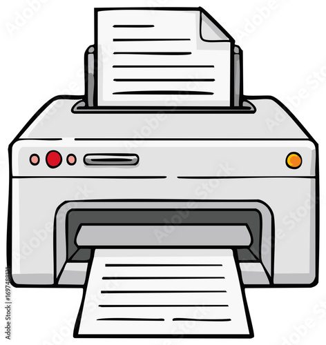 Office printer cartoon illustration producing printed paper documents technology