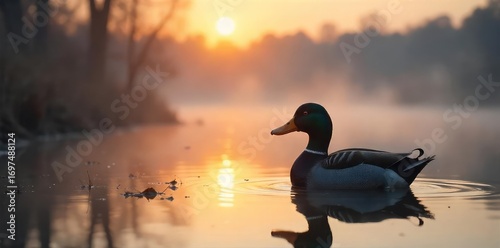 Serene Sunrise Marsh Lone Duck Decoy Awaits Hunters - Peaceful yet Suspenseful Wildlife Scene