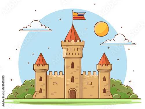 Stylized Medieval Castle with Flag Under Sunny Sky and Clouds
