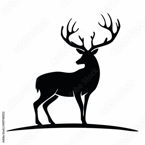 Elegant black silhouette of a majestic stag with large antlers, a noble wildlife symbol isolated on white background