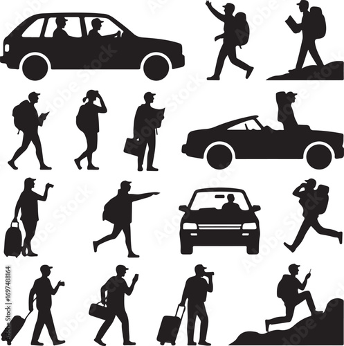 Silhouette collection of people traveling by car and walking automobile