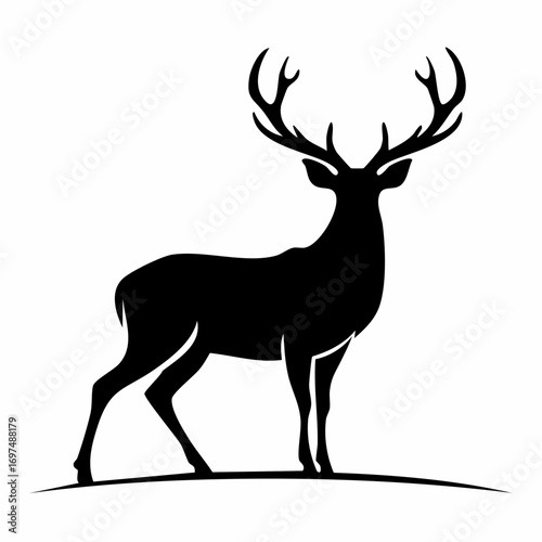 Elegant black silhouette of a majestic stag with large antlers standing proudly on a white background. Vector graphic illustration