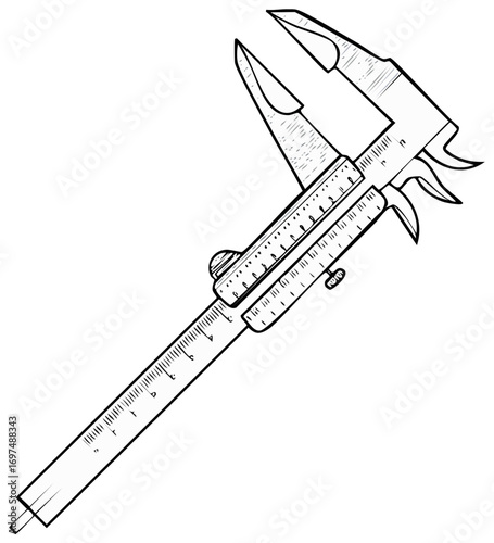 Hand Drawn Black and White Illustration of a Caliper Measuring Instrument for Technical Drawing and Engineering