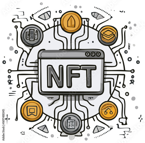 NFT concept illustration with digital tokens and network connections.