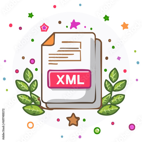 XML File Icon with Decorative Leaves and Stars Illustration File Extension Illustration