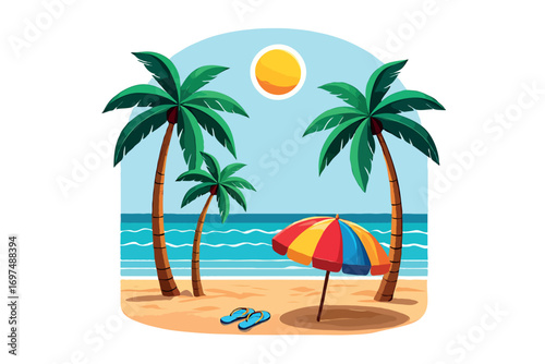 tropical beach with palm trees and umbrella Vector Design