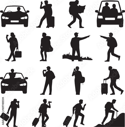 Silhouette collection of people traveling by car and hiking automobile