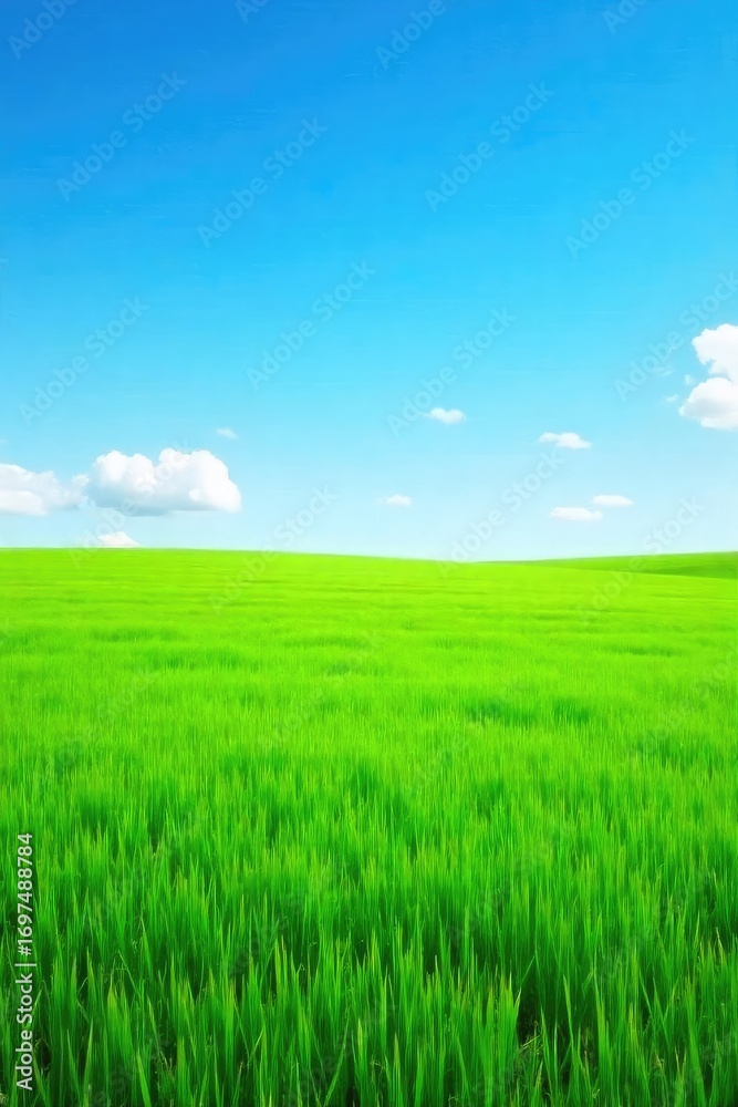 Fototapeta premium A long, flat expanse of vibrant green grass stretches out under a clear blue sky, perfectly horizontal Ideal for concepts of peace, tranquility, and wide open spaces , flat, earth