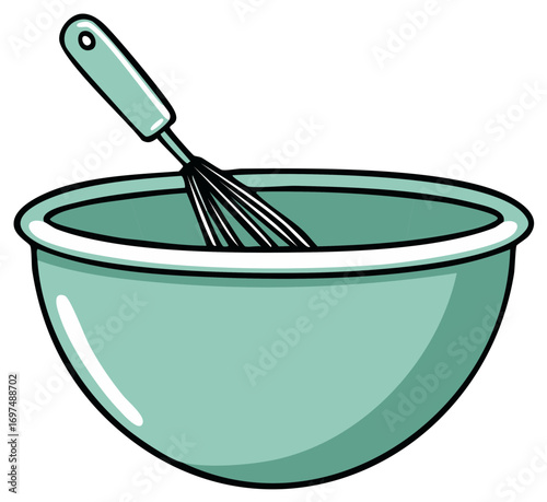 Pastel Blue Mixing Bowl with Whisk Utensil Cartoon Illustration for Cooking and Baking Recipes