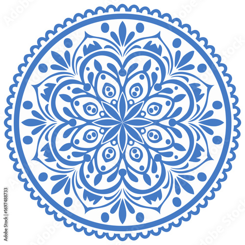 Intricate Blue Mandala Design with Floral Elements and Circular Pattern