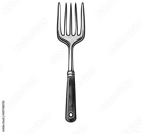 Detailed illustration of a kitchen carving fork with four prongs and classic handle