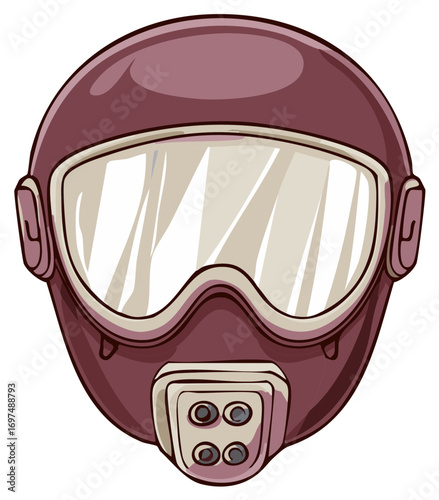 Stylized futuristic maroon full-face helmet with clear visor and respirator attachment for protection while racing