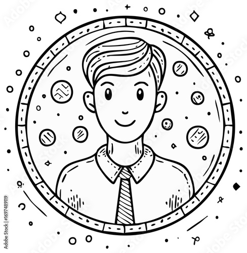 Doodle of a smiling person in a circular frame with planets and stars surrounding