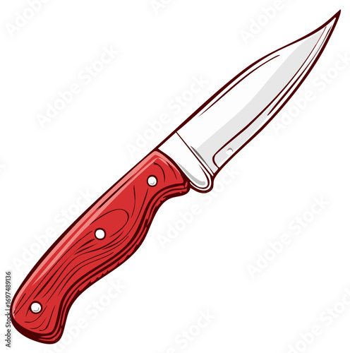 Vector illustration of a red handled hunting knife isolated on white