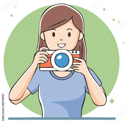 Joyful woman holding a vintage camera taking a picture with a smile
