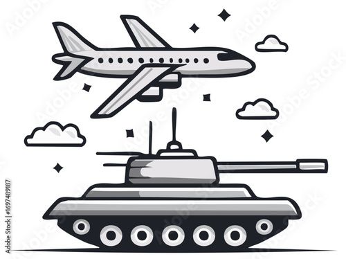 Tank and Airplane Vector Graphic Military Illustration Design in the Sky with Clouds
