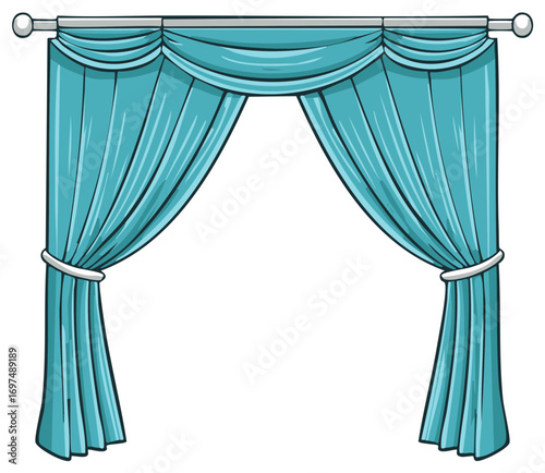 Turquoise Draped Curtains with Tie-Backs on a Curtain Rod