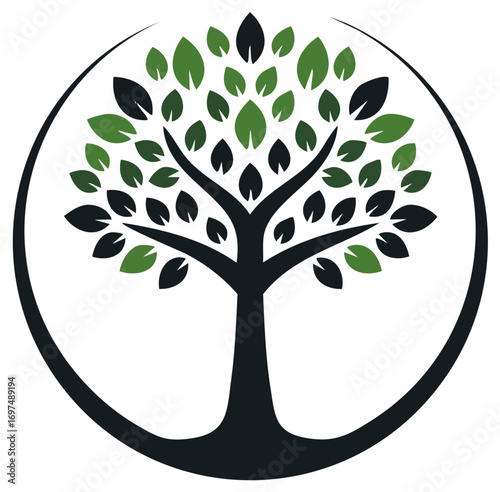 Abstract circular tree logo with dark trunk branches and green and black leaves