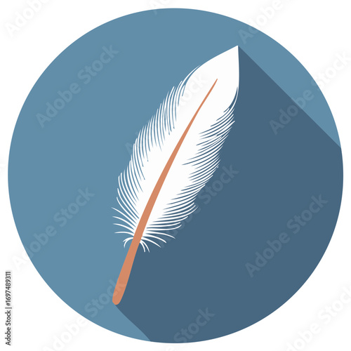 Flat design illustration of white feather with shadow in a blue circle.