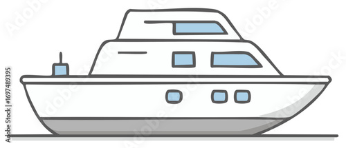 Simple illustration of a white motor yacht with blue windows and a grey hull