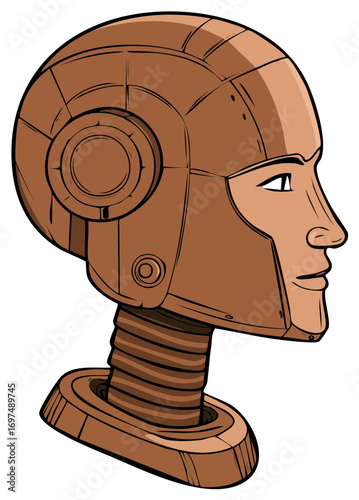 Copper robot head profile with mechanical neck and human face features