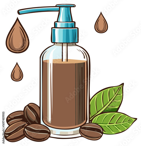 Coffee Infused Liquid in Bottle with Dispenser and Coffee Beans Cartoon
