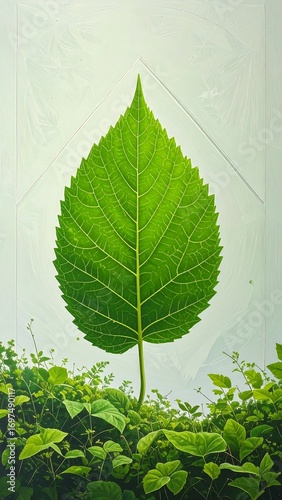 A vibrant, large leaf stands out against a backdrop of surrounding greenery, bathed in a soft, light hue.
