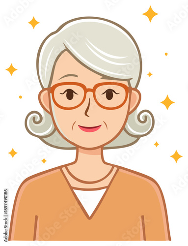 Smiling senior woman with gray hair wearing glasses and an orange top surrounded by sparkles