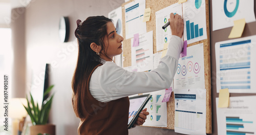 Tableau sur toile Woman, tablet and writing on board in office, finance data and industry research for company strategy
